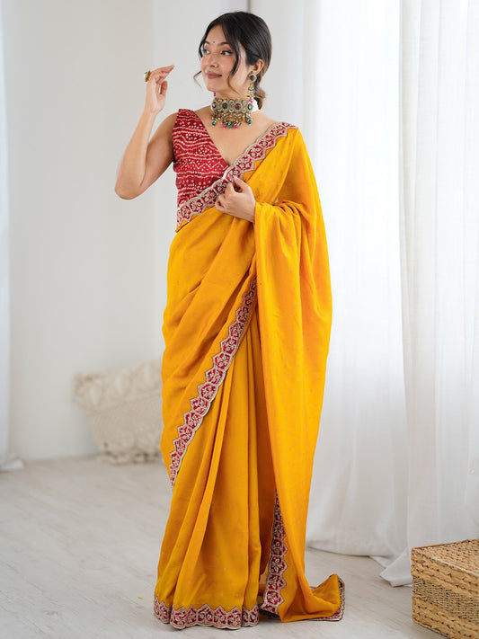 Yellow Yellow Party Wear Vichitra Silk Embellished Saree
