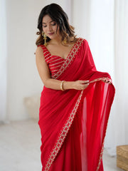 Red Party Wear Vichitra Silk Embellished Saree - The Dori Store