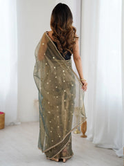 Olive Party Wear Net Embellished Saree - The Dori Store