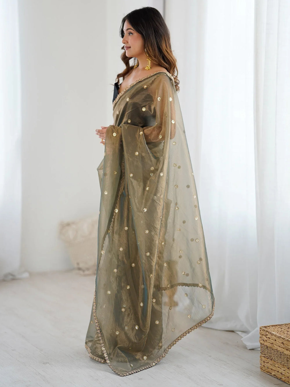 Olive Party Wear Net Embellished Saree - The Dori Store