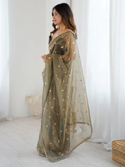 Olive Party Wear Net Embellished Saree - The Dori Store