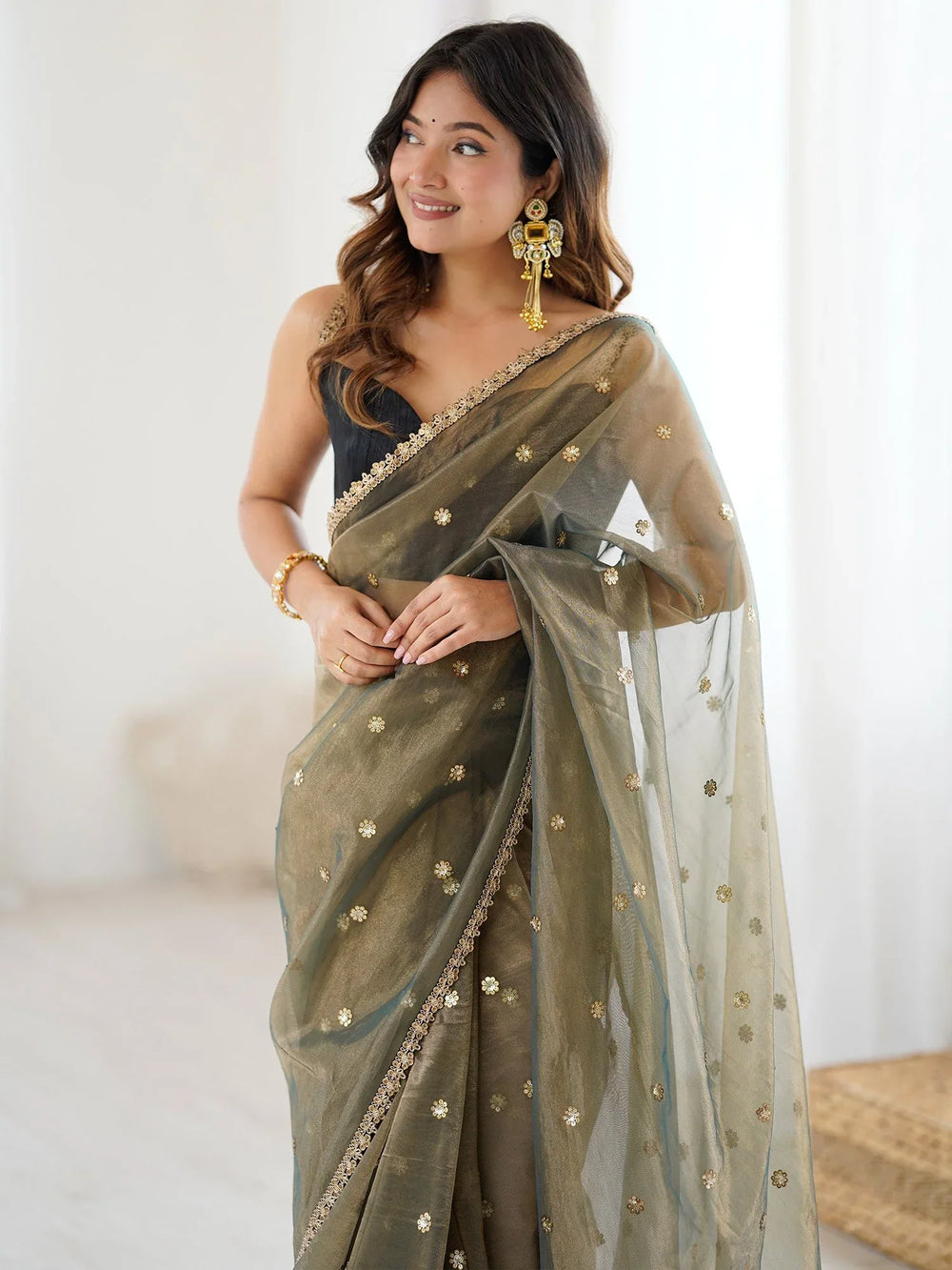 Olive Party Wear Net Embellished Saree - The Dori Store