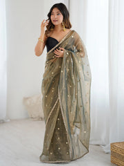 Olive Party Wear Net Embellished Saree - The Dori Store