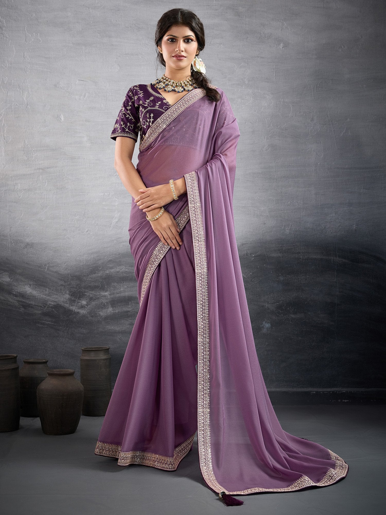 Lavender Mauve Party Wear Georgette Embellished Saree
