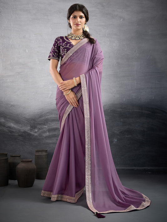 Lavender Mauve Party Wear Georgette Embellished Saree