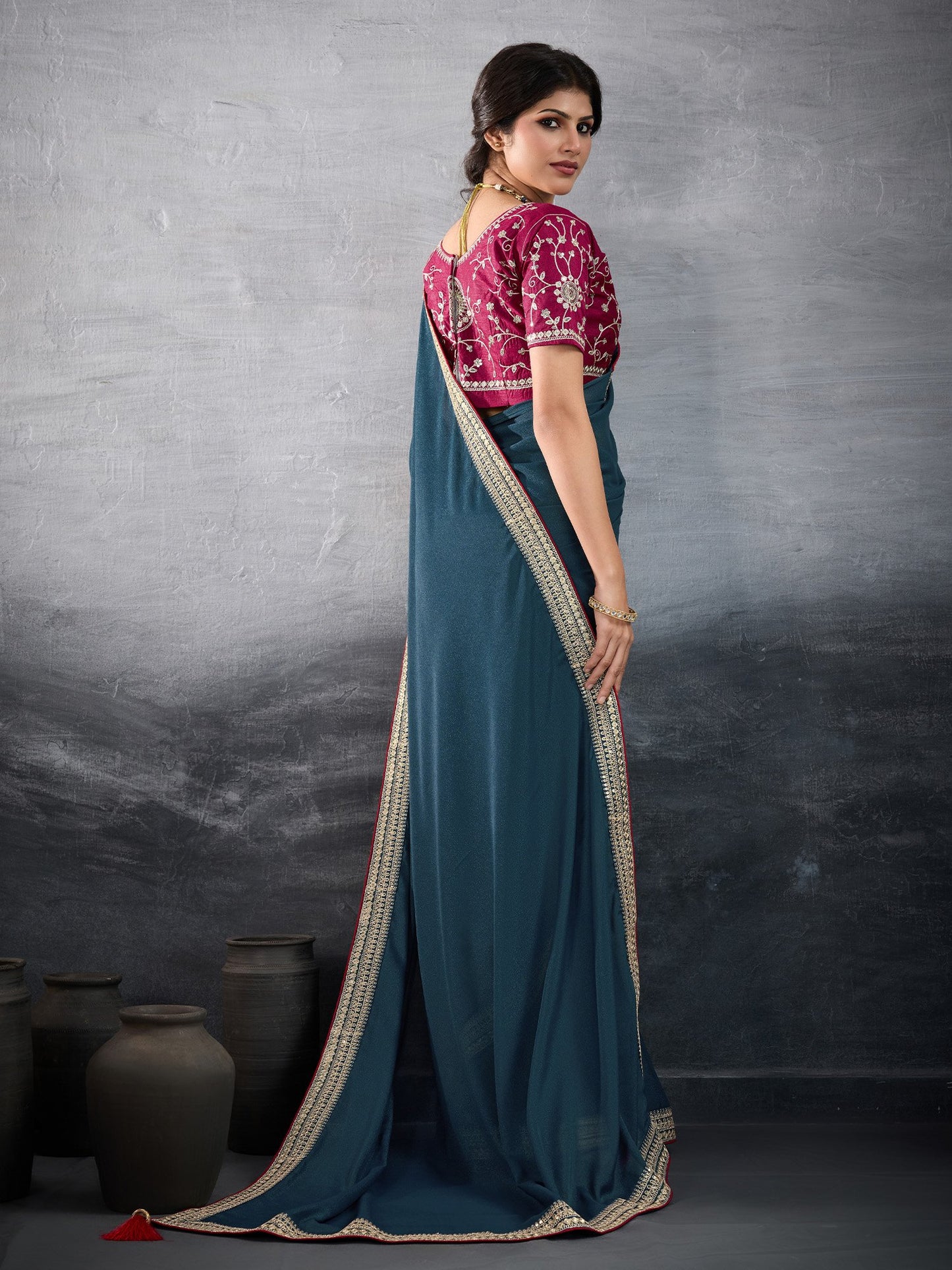 Teal Party Wear Georgette Embellished Saree