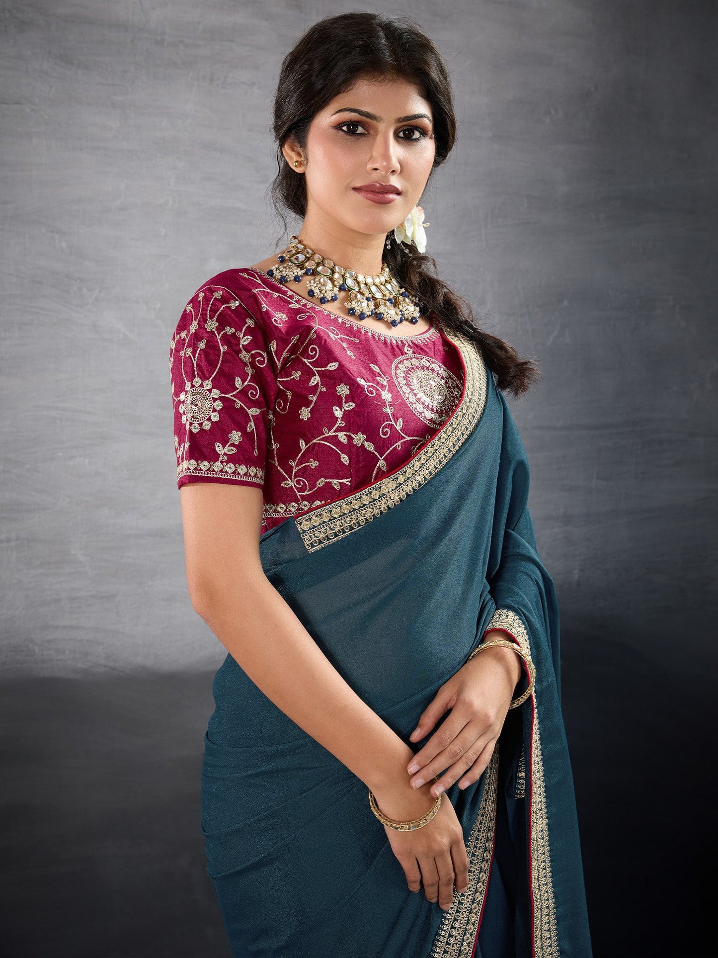 Teal Party Wear Georgette Embellished Saree