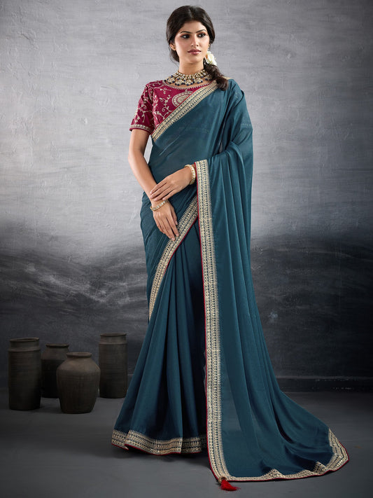 Blue Teal Party Wear Georgette Embellished Saree