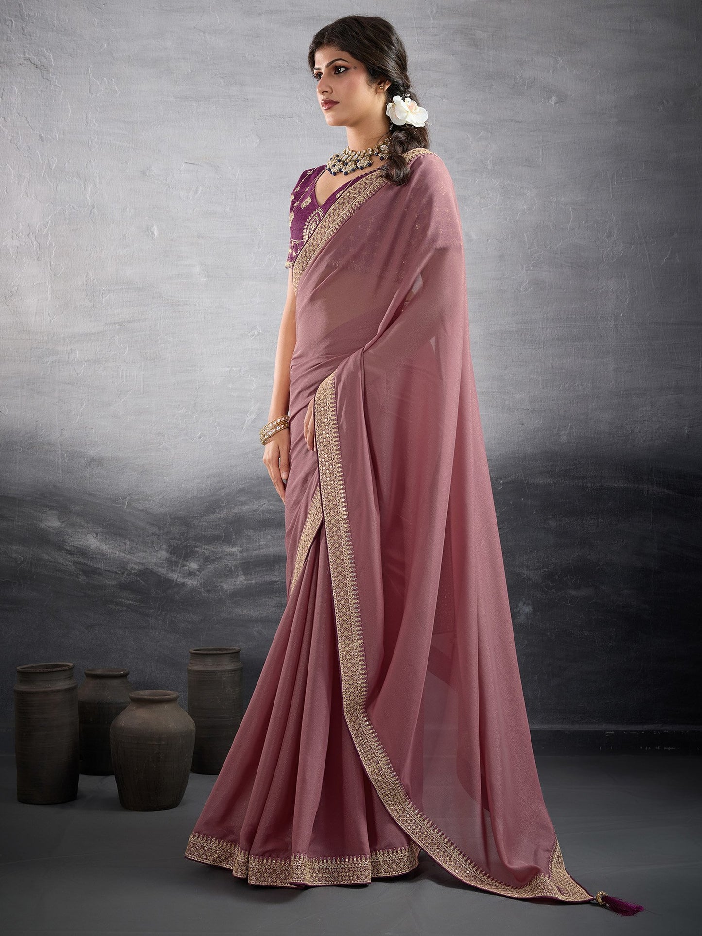 Pink Party Wear Georgette Embellished Saree