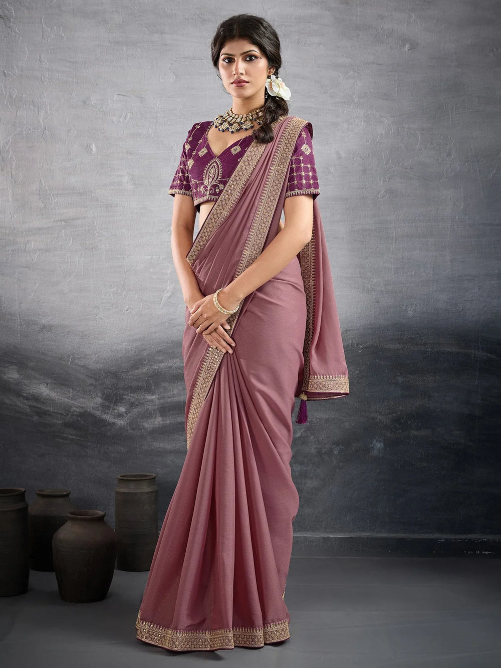 Pink Party Wear Georgette Embellished Saree - The Dori Store