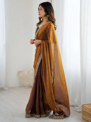 Bronze Party Wear Satin Silk Embellished Saree - The Dori Store