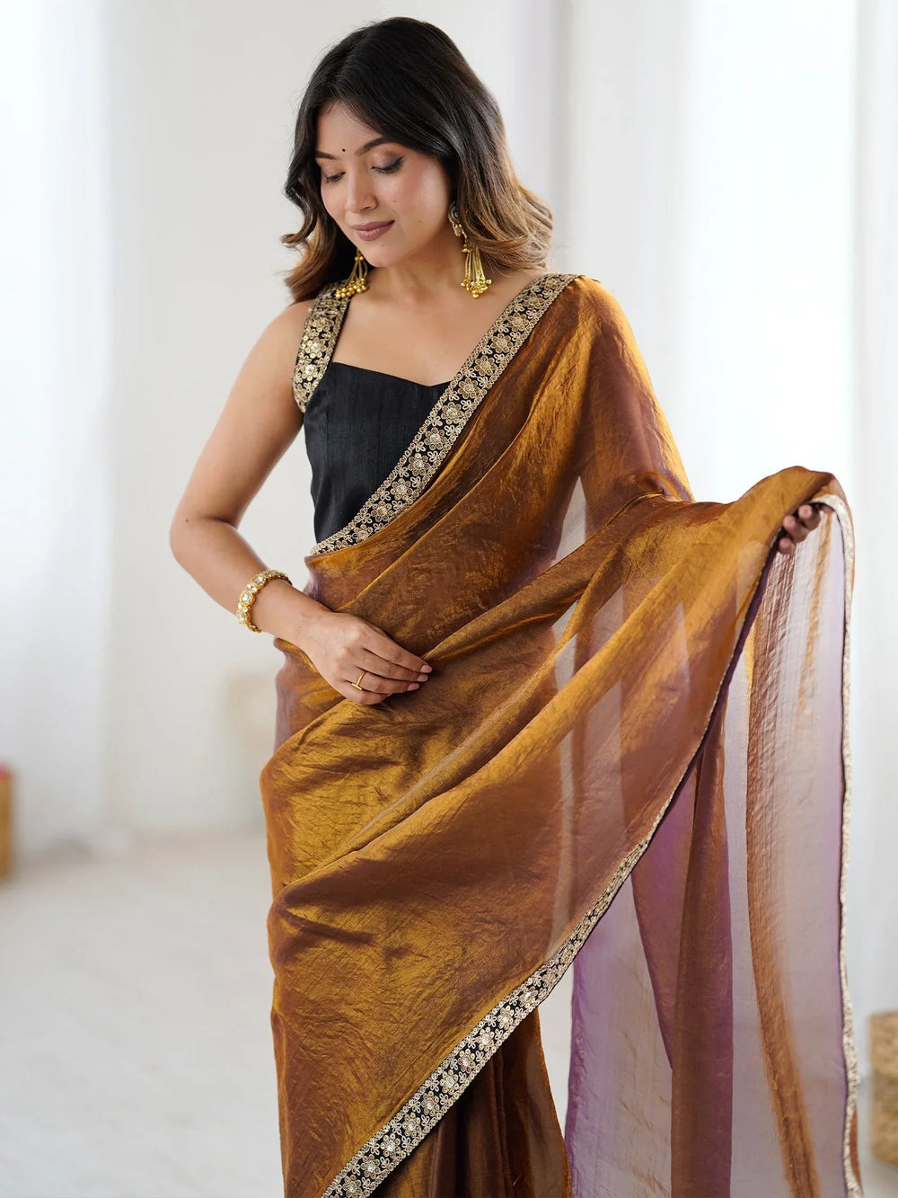Bronze Party Wear Satin Silk Embellished Saree - The Dori Store