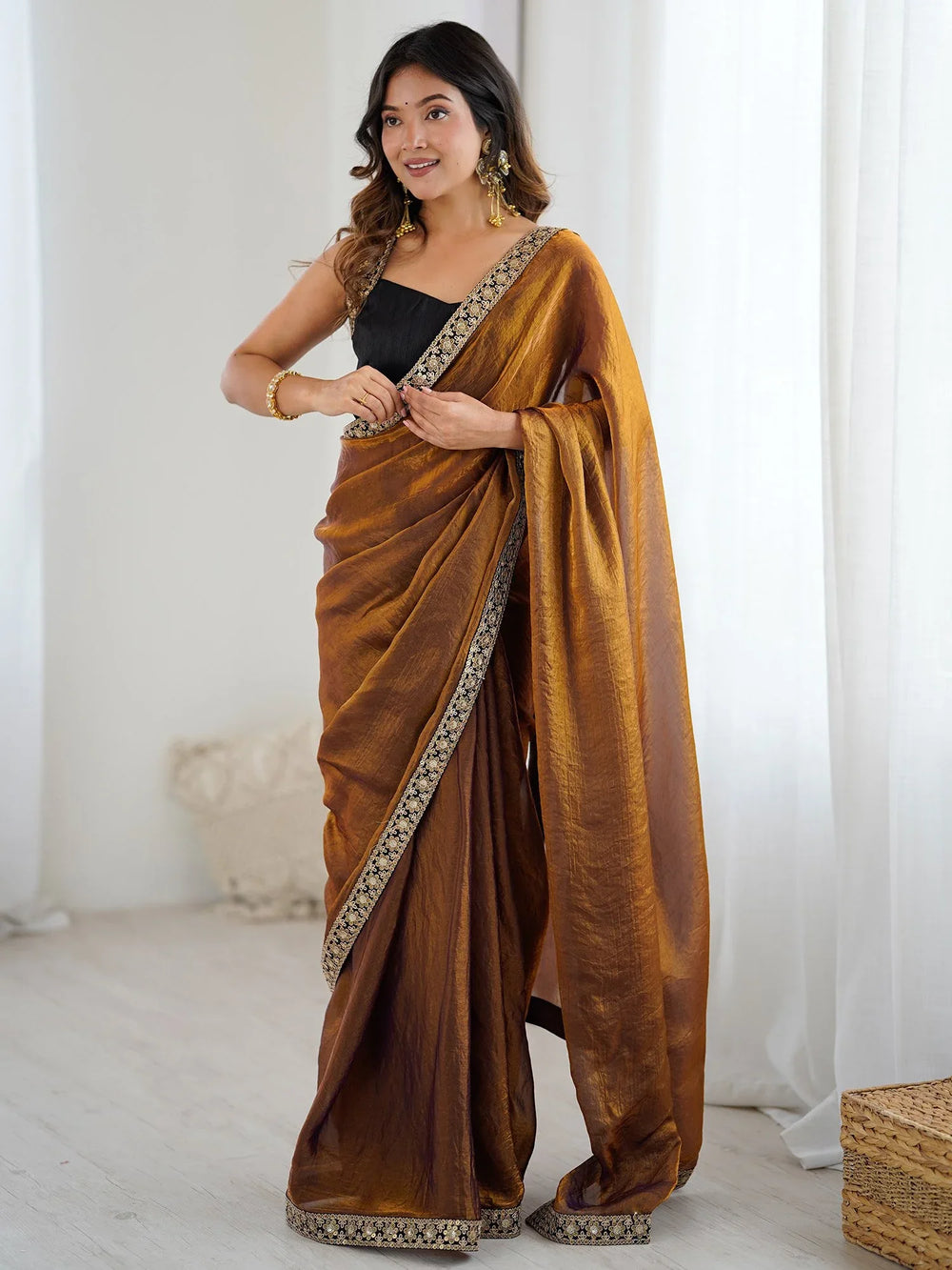 Bronze Party Wear Satin Silk Embellished Saree - The Dori Store