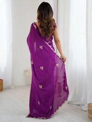 Purple Party Wear chinnon Embellished Saree - The Dori Store