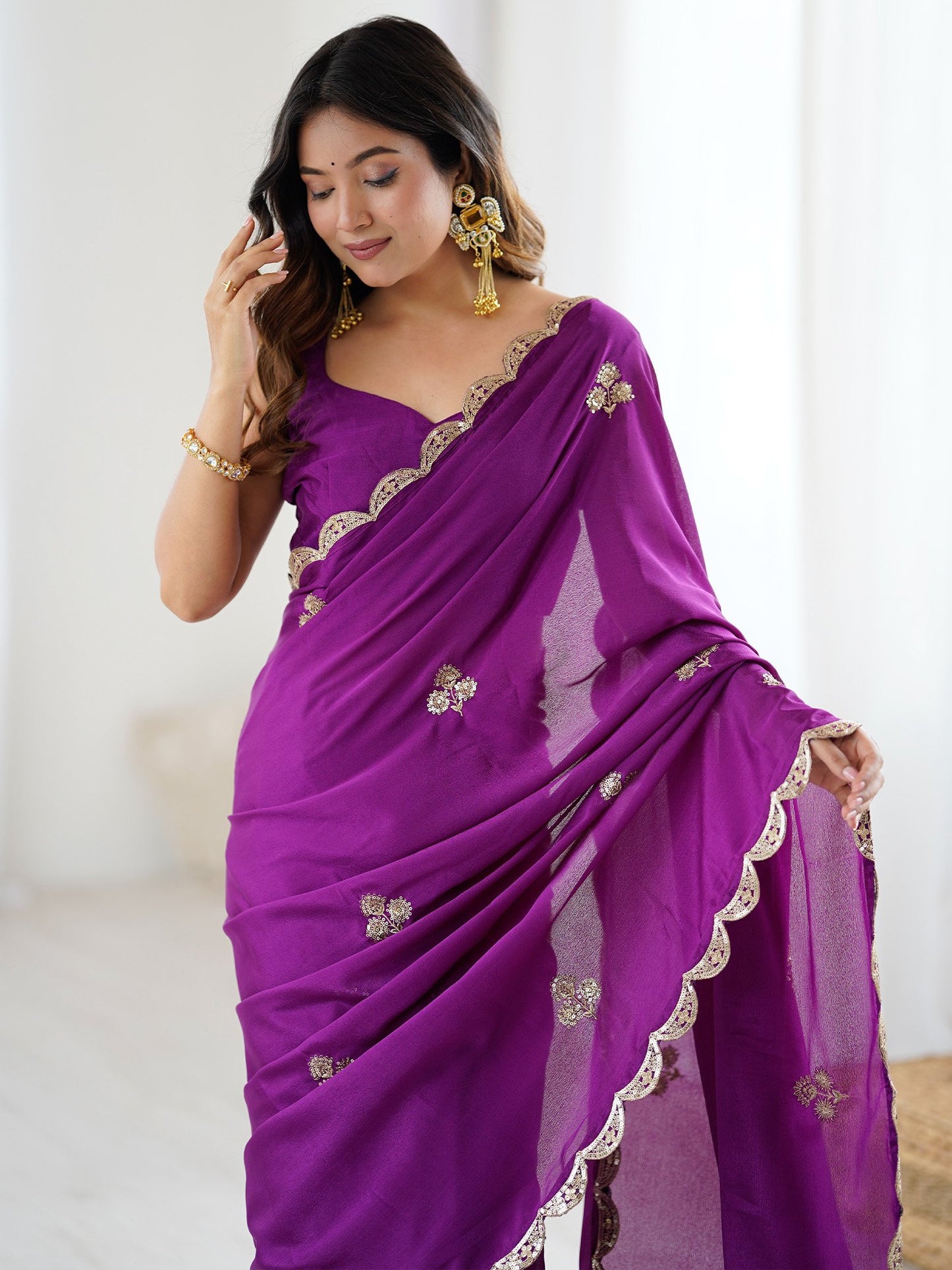 Purple Party Wear chinnon Embellished Saree
