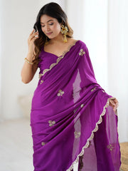 Purple Party Wear chinnon Embellished Saree - The Dori Store