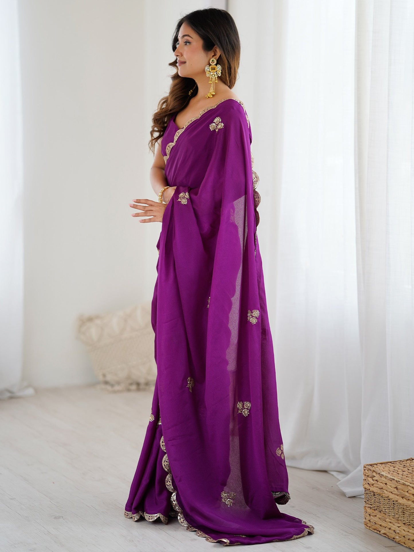 Purple Party Wear chinnon Embellished Saree