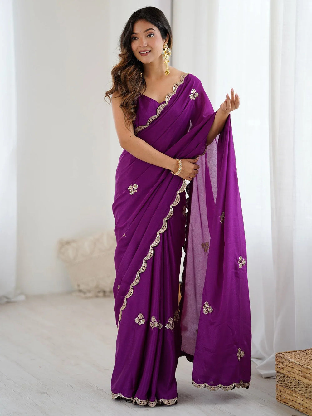 Purple Party Wear chinnon Embellished Saree - The Dori Store