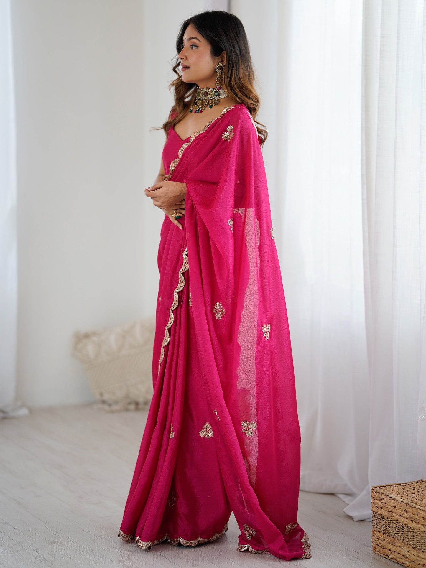 Pink Party Wear chinnon Embellished Saree