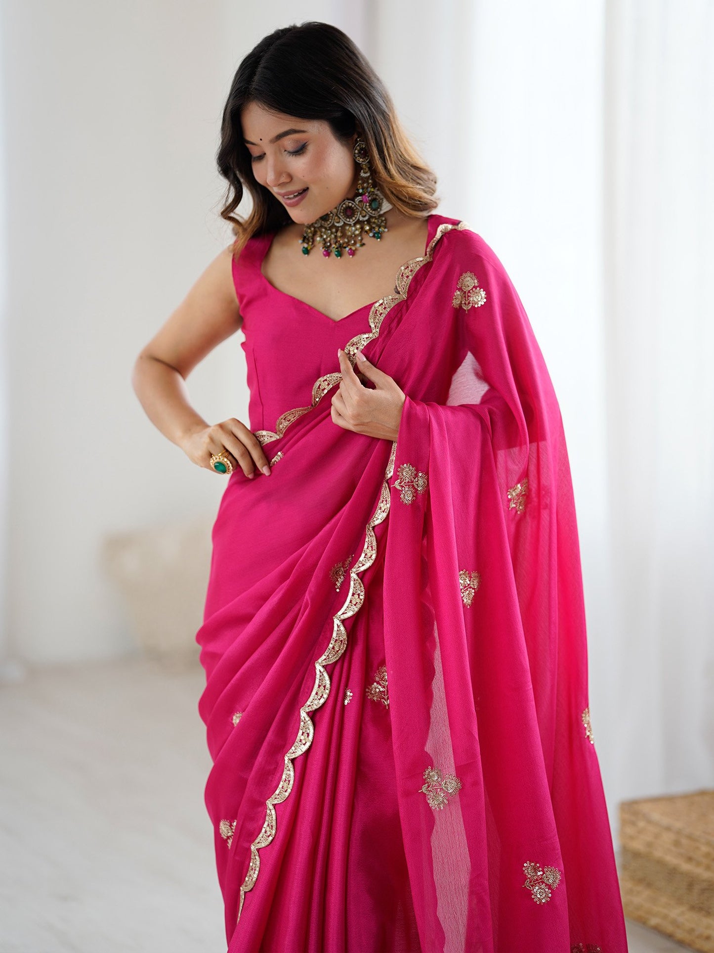 Pink Party Wear chinnon Embellished Saree