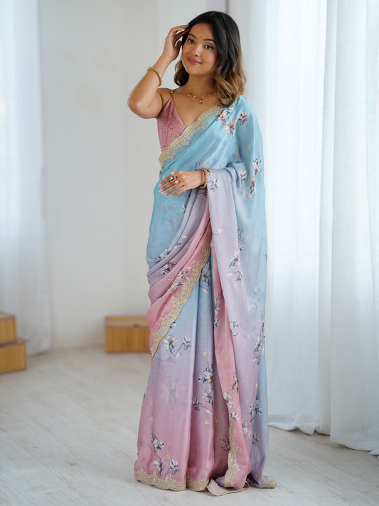 Blue Light Party Wear Chiffon Embellished Saree