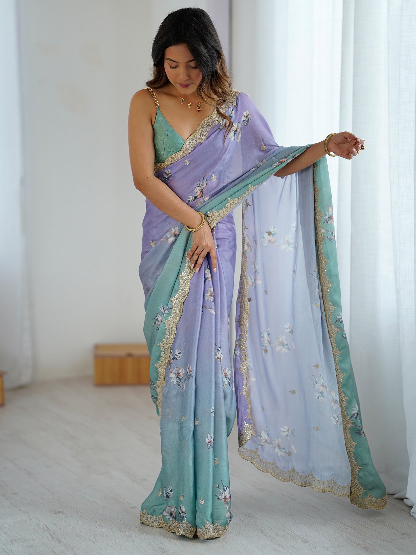 Lavendar Party Wear Chiffon Embellished Saree