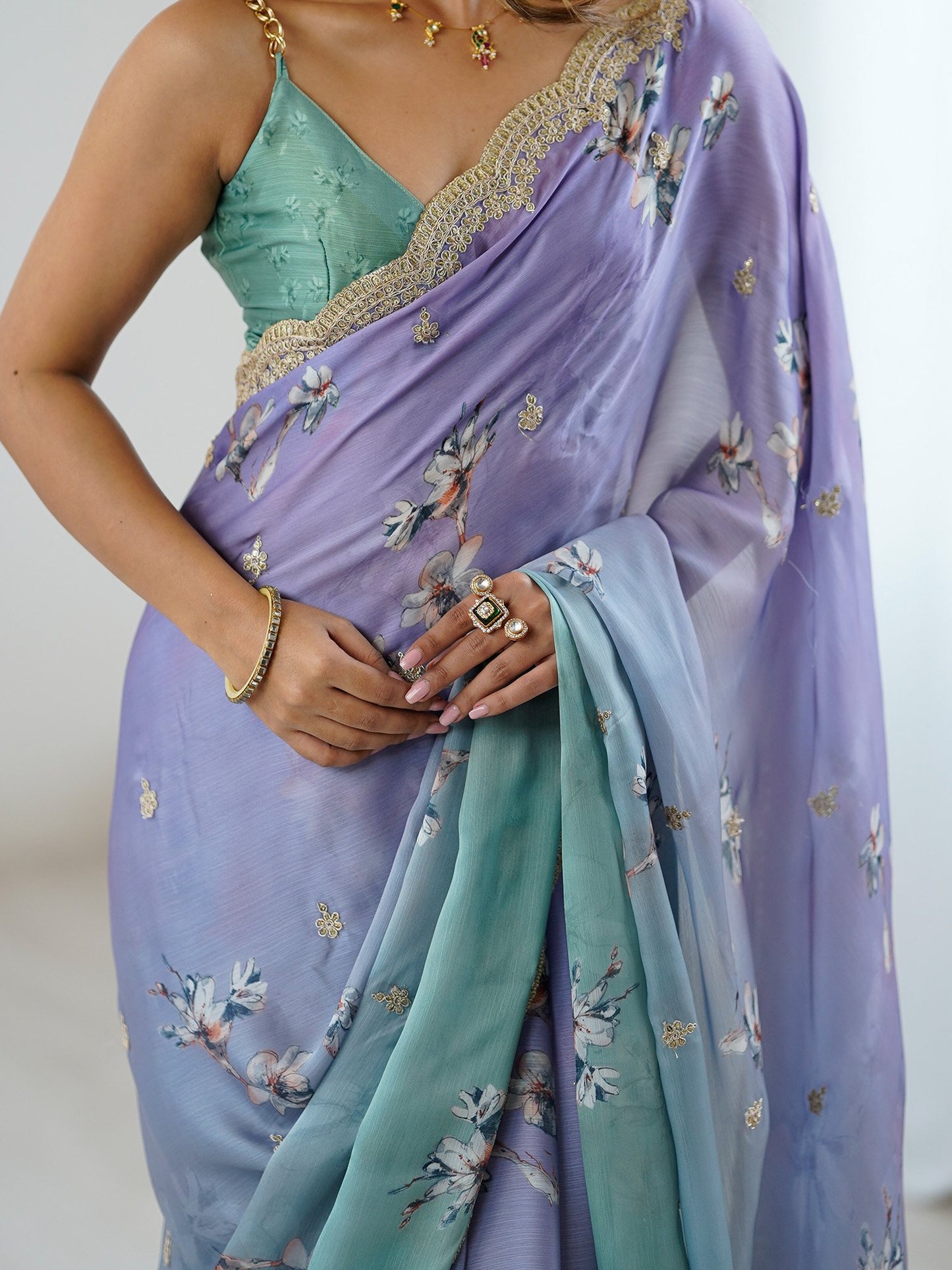 Lavendar Party Wear Chiffon Embellished Saree