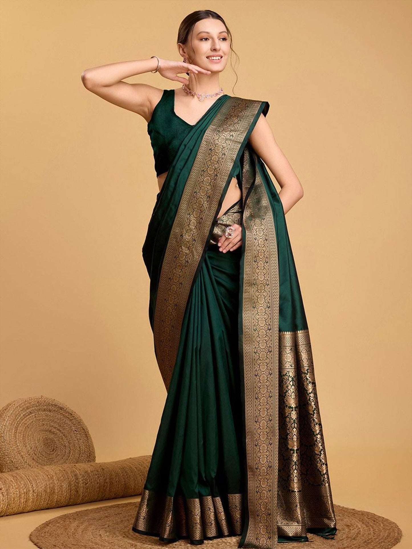 Green Banarasi Soft Silk Woven Saree