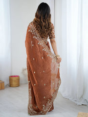 Brown Party Wear Chiffon Embellished Saree - The Dori Store