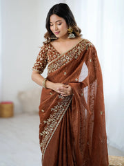 Brown Party Wear Chiffon Embellished Saree - The Dori Store