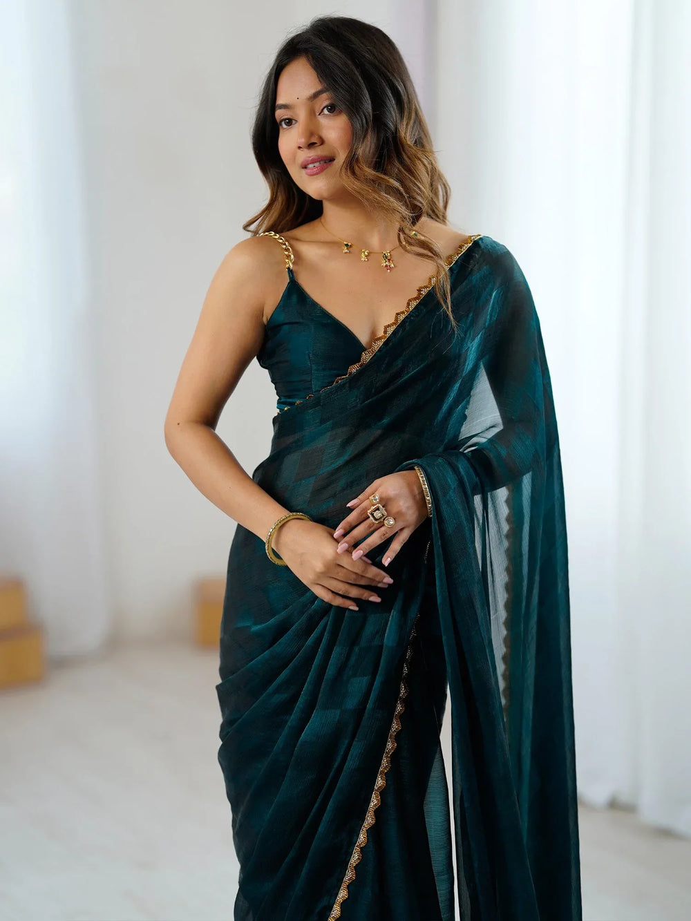 Teal Blue Party Wear Chiffon Farewell Saree - The Dori Store