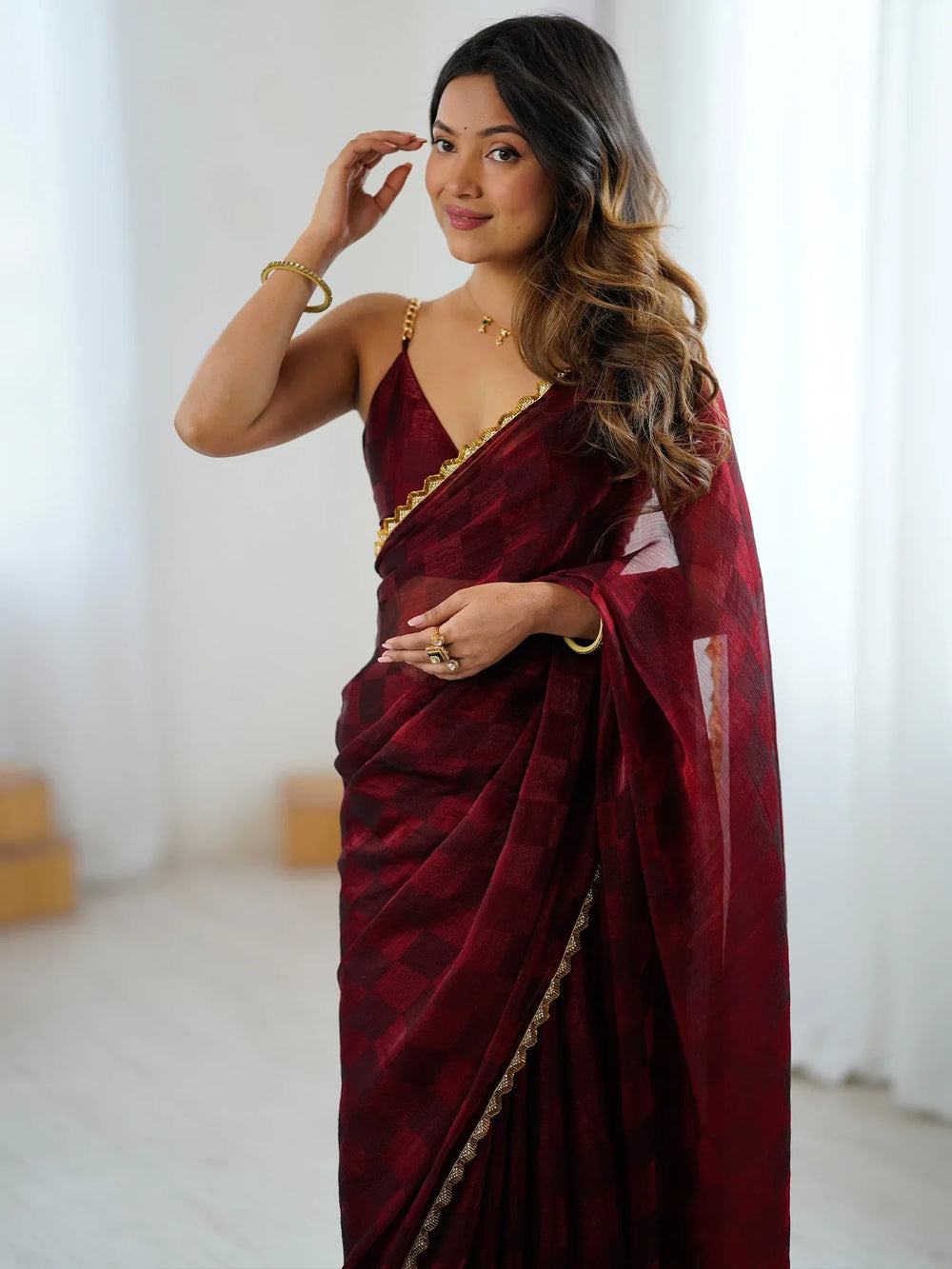 Burgundy Party Wear Chiffon Embellished Saree - The Dori Store