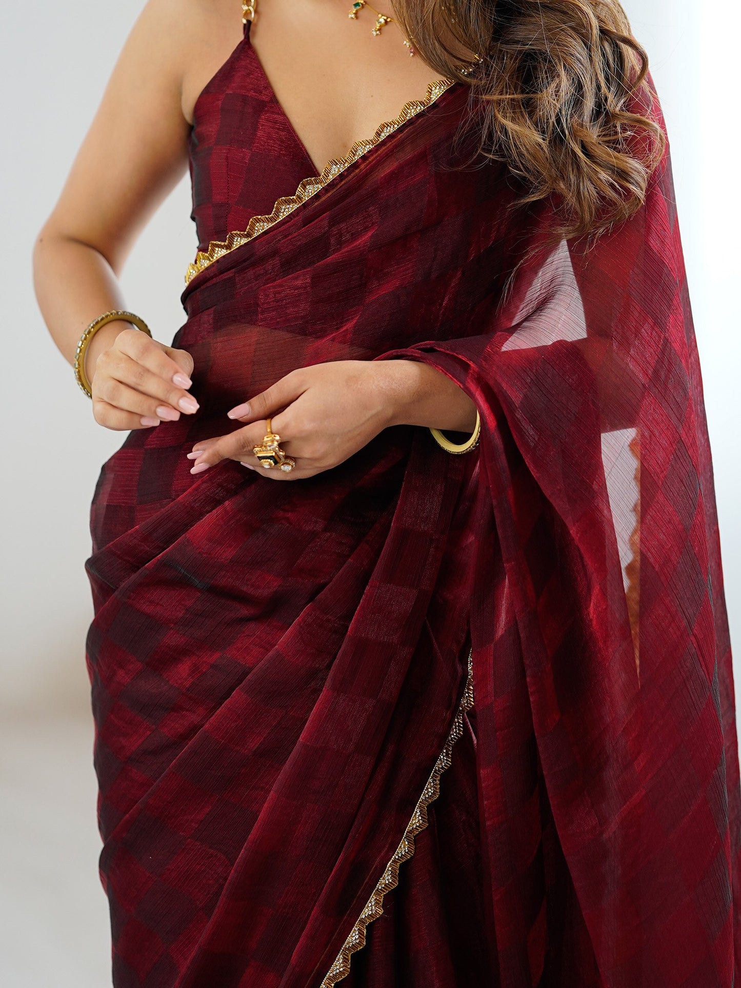 Burgundy Party Wear Chiffon Embellished Saree