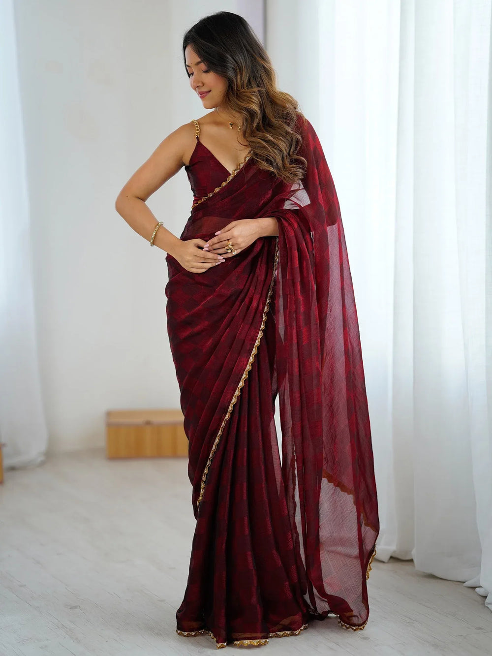 Burgundy Party Wear Chiffon Embellished Saree - The Dori Store
