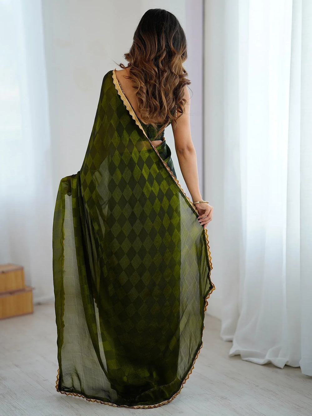 Green Party Wear Chiffon Embellished Saree - The Dori Store