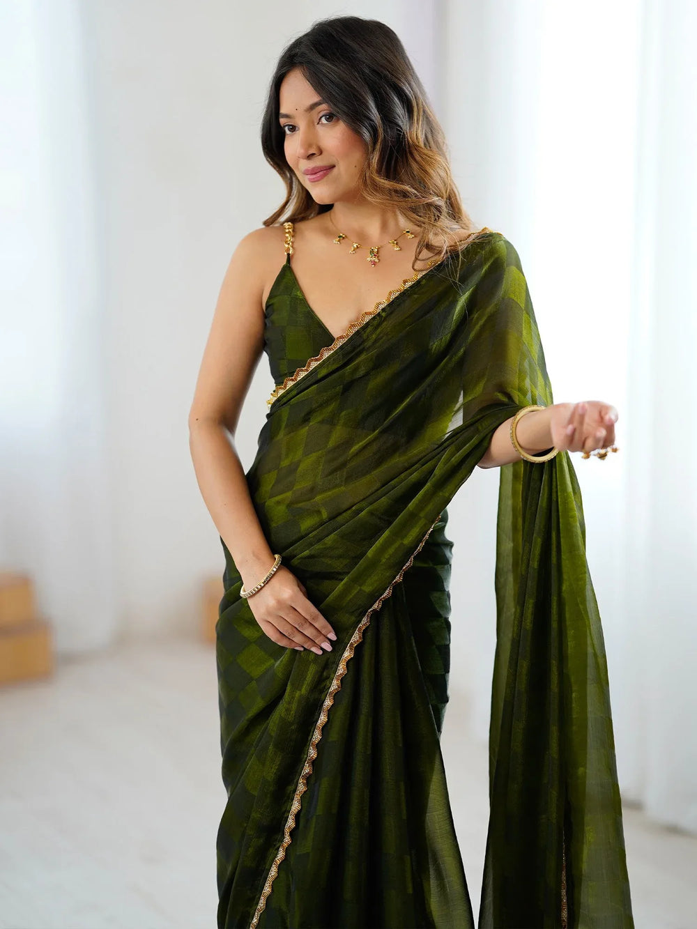 Green Party Wear Chiffon Embellished Saree - The Dori Store