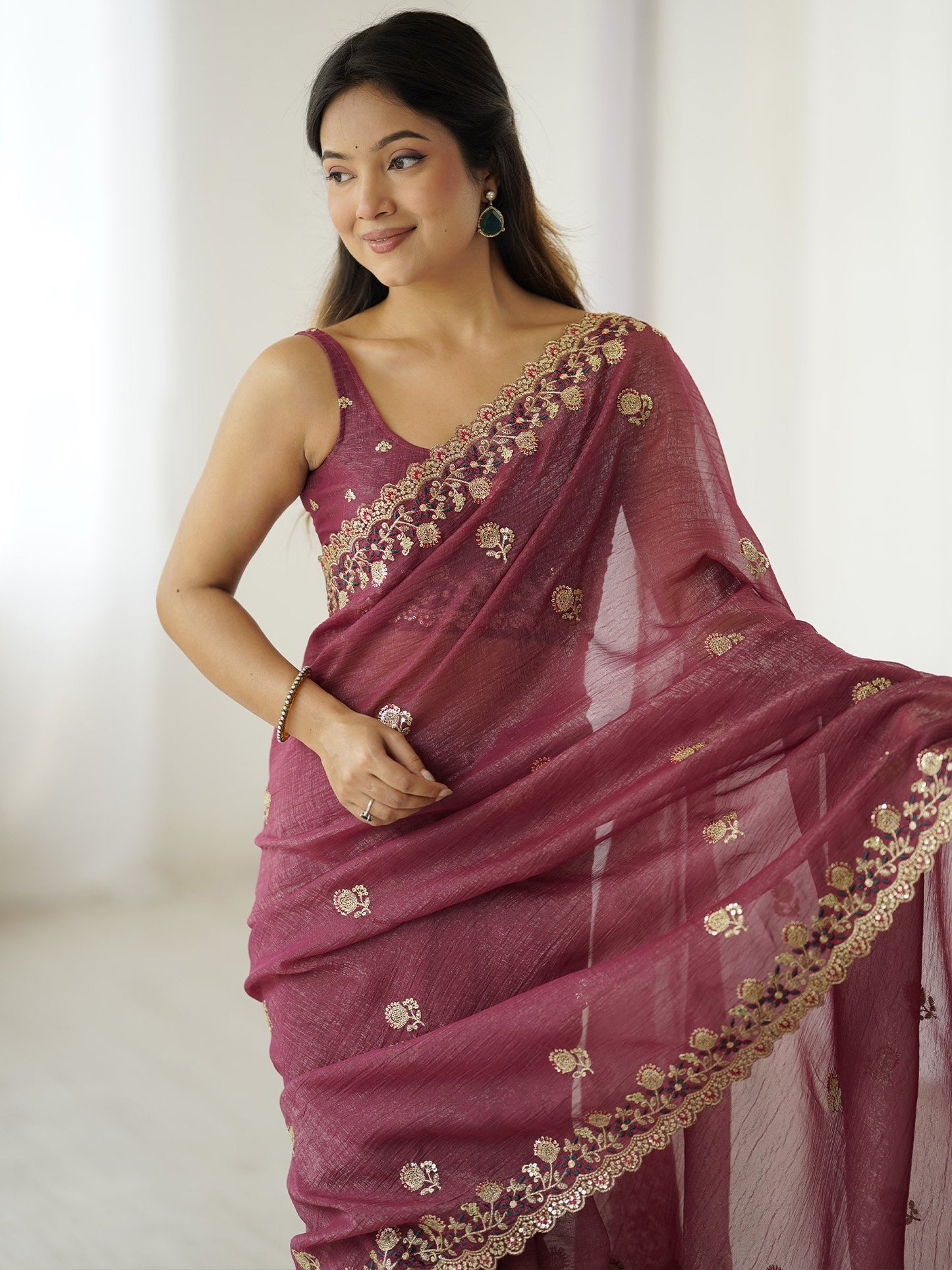 Mauve Party Wear Tissue Embellished Saree