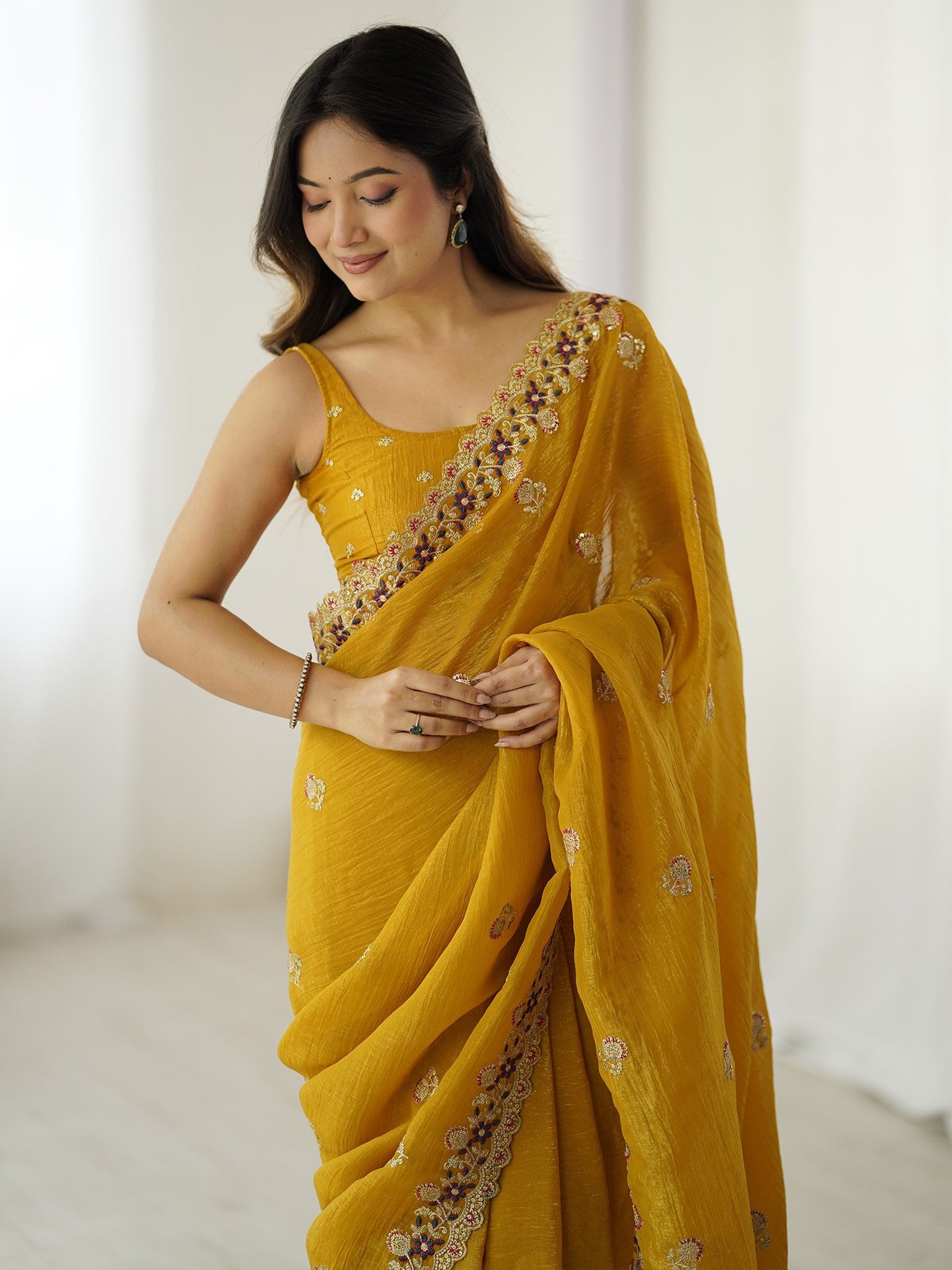 Mustard Party Wear Tissue Embellished Saree