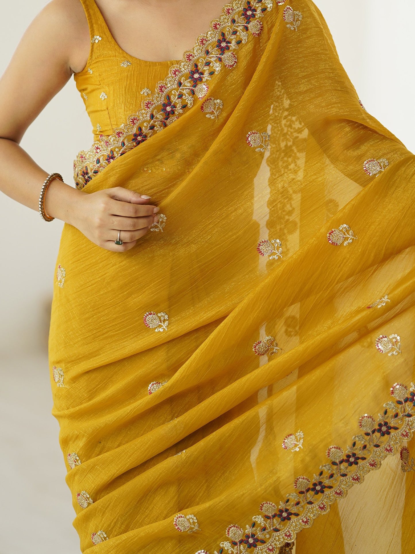 Mustard Party Wear Tissue Embellished Saree