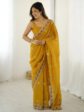 Mustard Party Wear Tissue Embellished Saree - The Dori Store