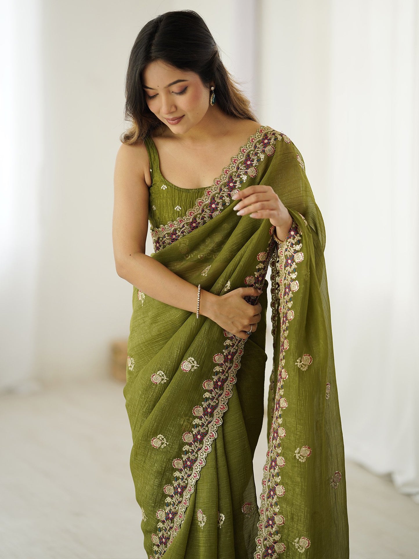 Green Party Wear Tissue Embellished Saree