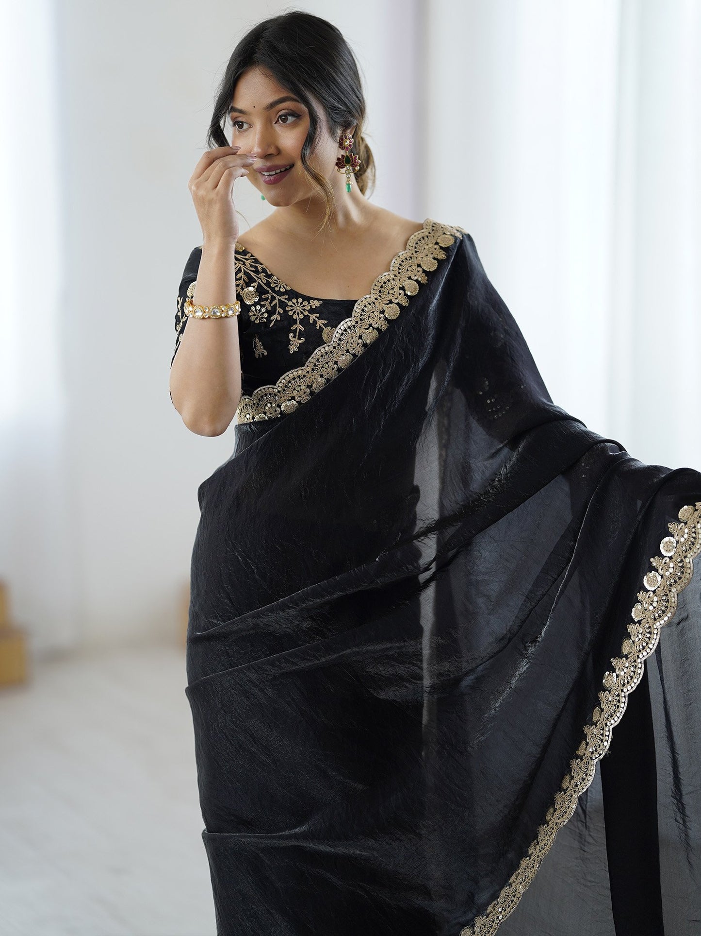 Black Party Wear Satin Embellished Saree