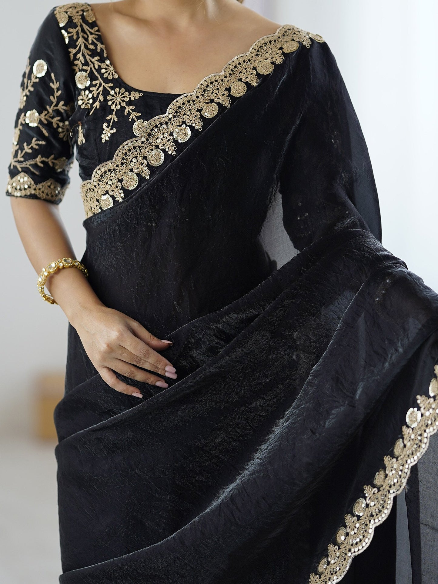 Black Party Wear Satin Embellished Saree