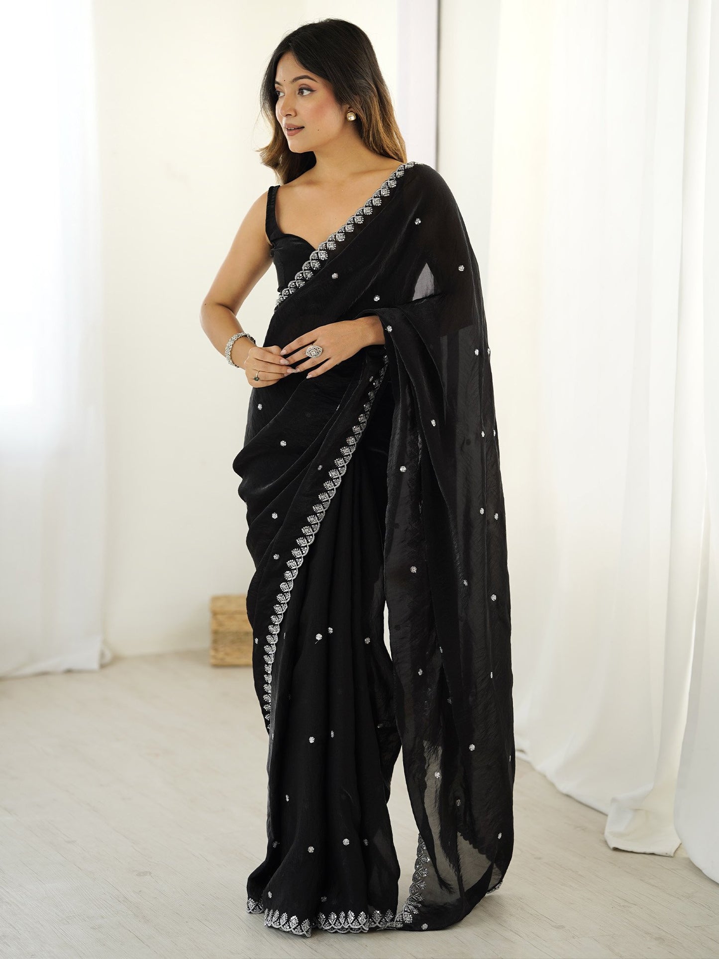 Black Party Wear Paper Silk Embellished Saree