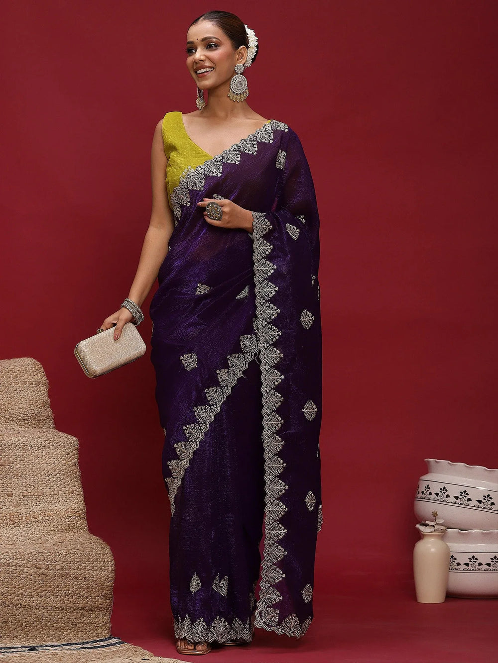 Purple Party Wear Tissue Embellished Saree - The Dori Store