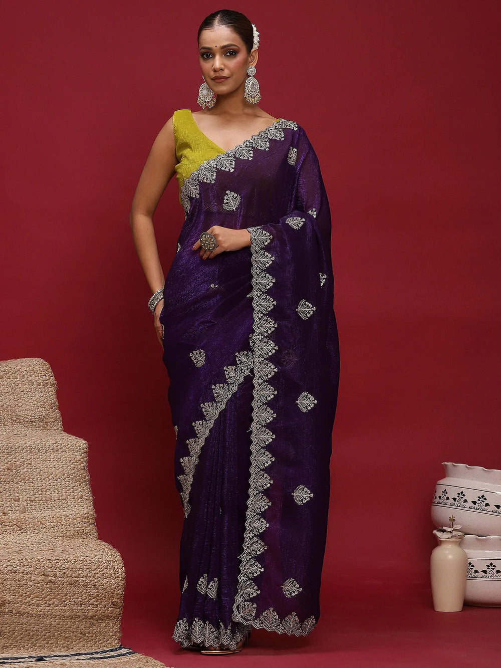 Purple Party Wear Tissue Embellished Saree - The Dori Store