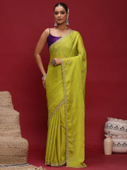 Lime Party Wear Satin Silk Embellished Saree - The Dori Store