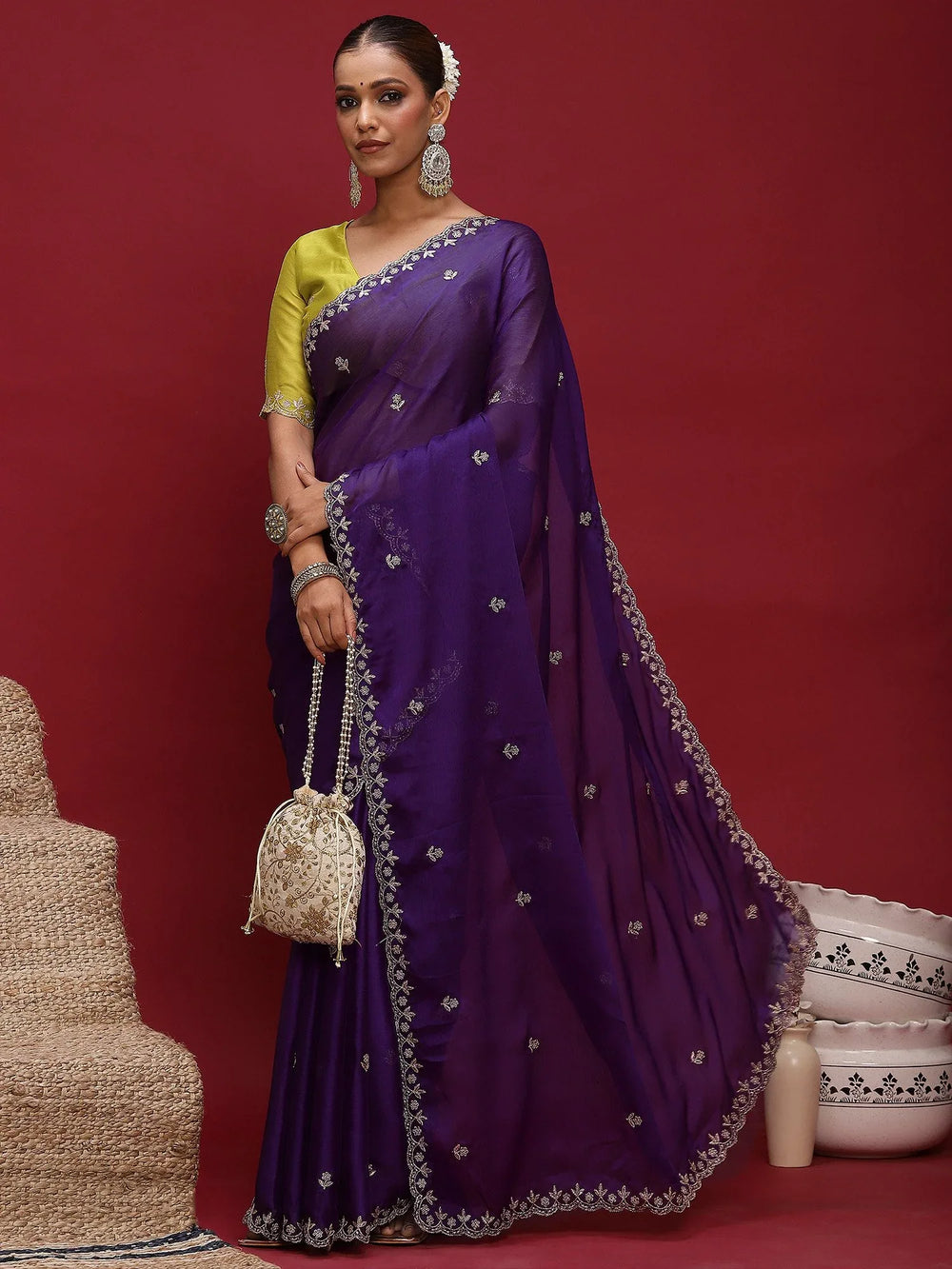 Purple Party Wear Satin Silk Embellished Saree - The Dori Store