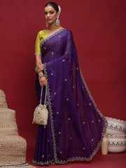 Purple Party Wear Satin Silk Embellished Saree - The Dori Store