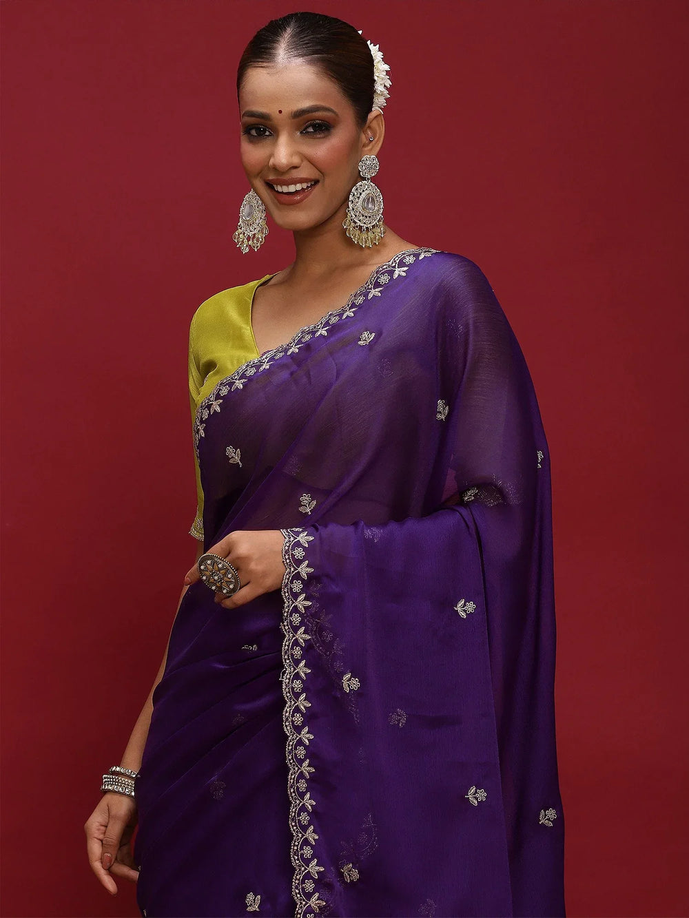Purple Party Wear Satin Silk Embellished Saree - The Dori Store